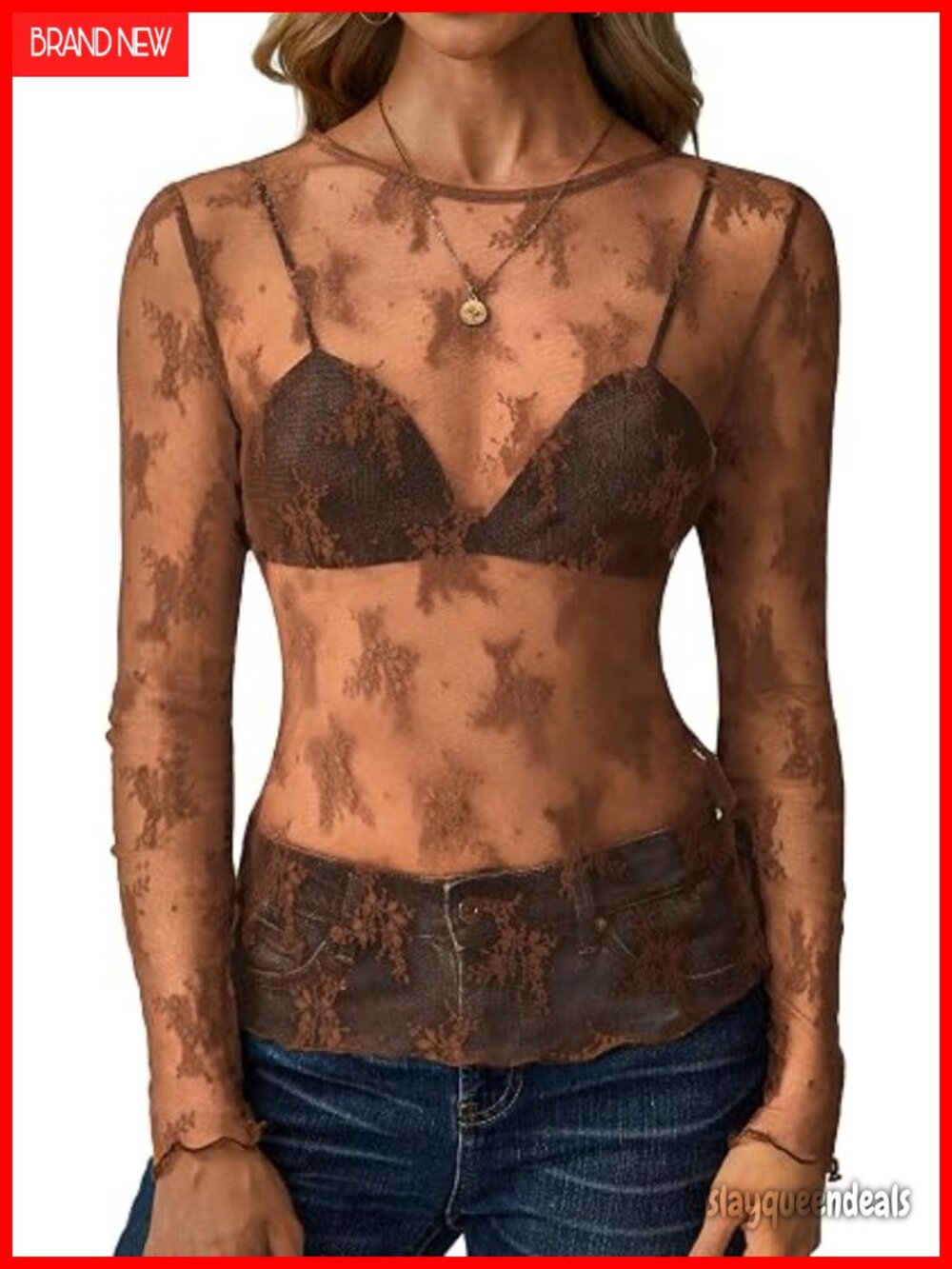 Sheer Mesh Long Sleeve Top with Floral Embroidery Crew Neck Sexy See Through